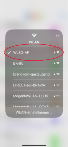 Verbinde dich damit (Passwort ggf. wled1234 – nur falls benötigt).